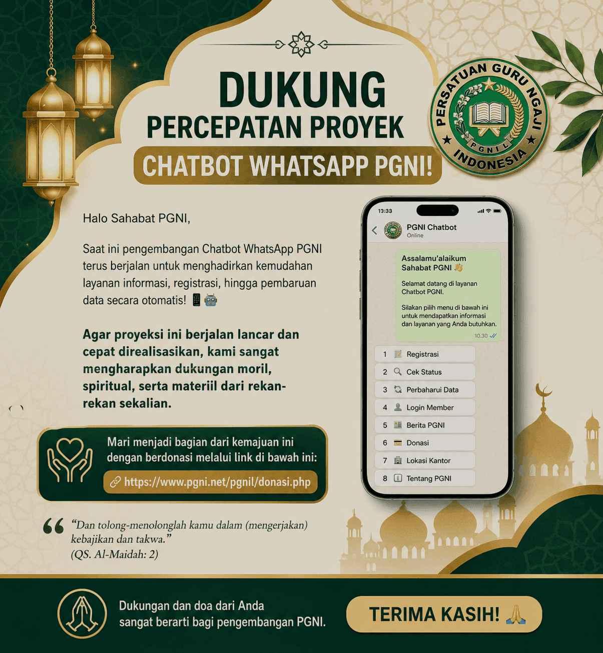 🚀 *Dukung Percepatan Proyeksi Chatbot WhatsApp PGNI!*